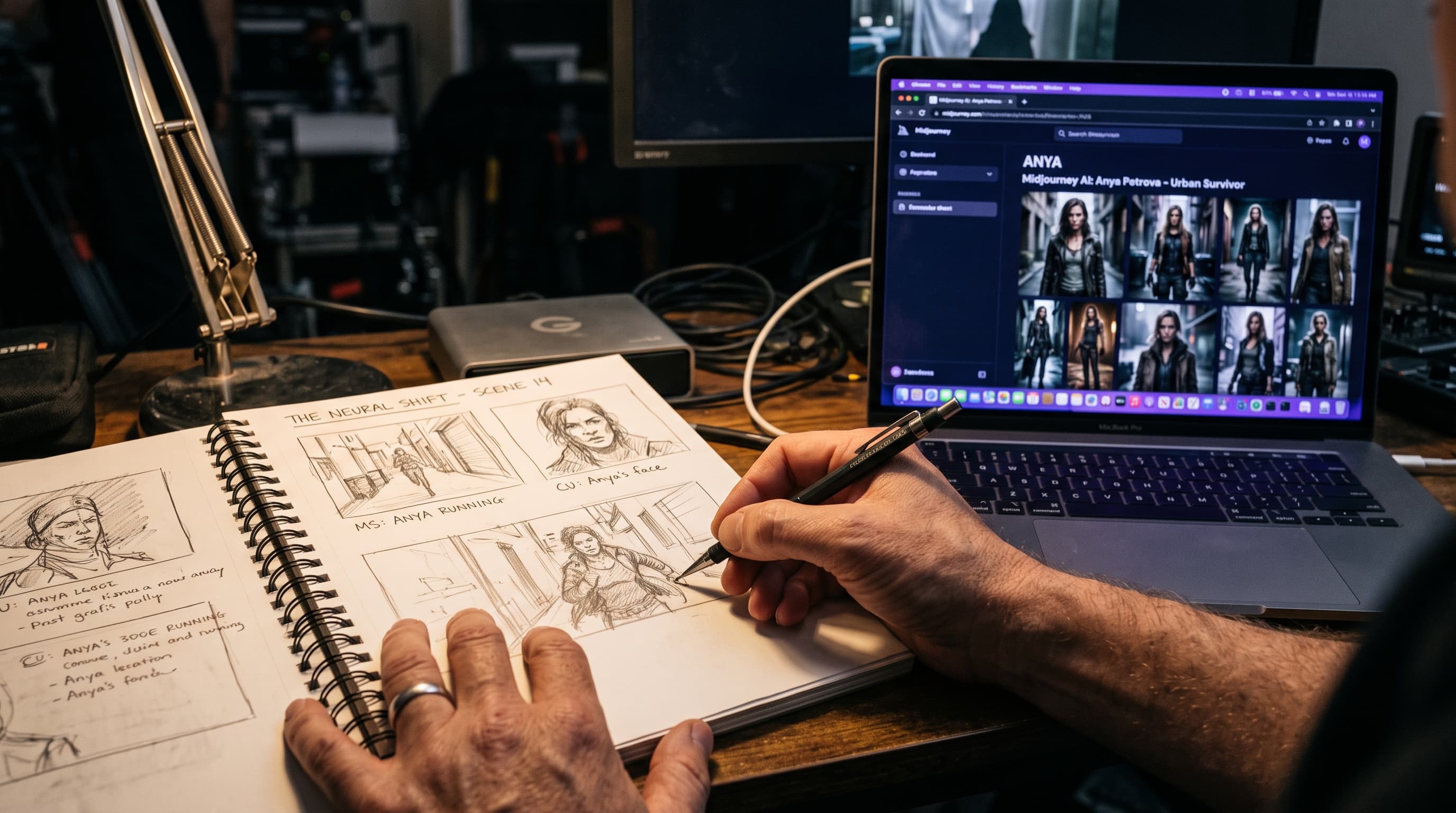 Filmmaker sketching a storyboard panel beside a laptop