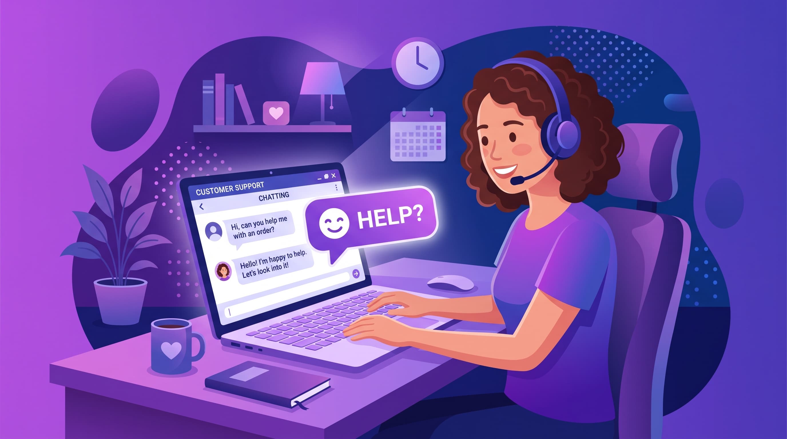 Illustration of a person at a desk wearing a headset, ready to help