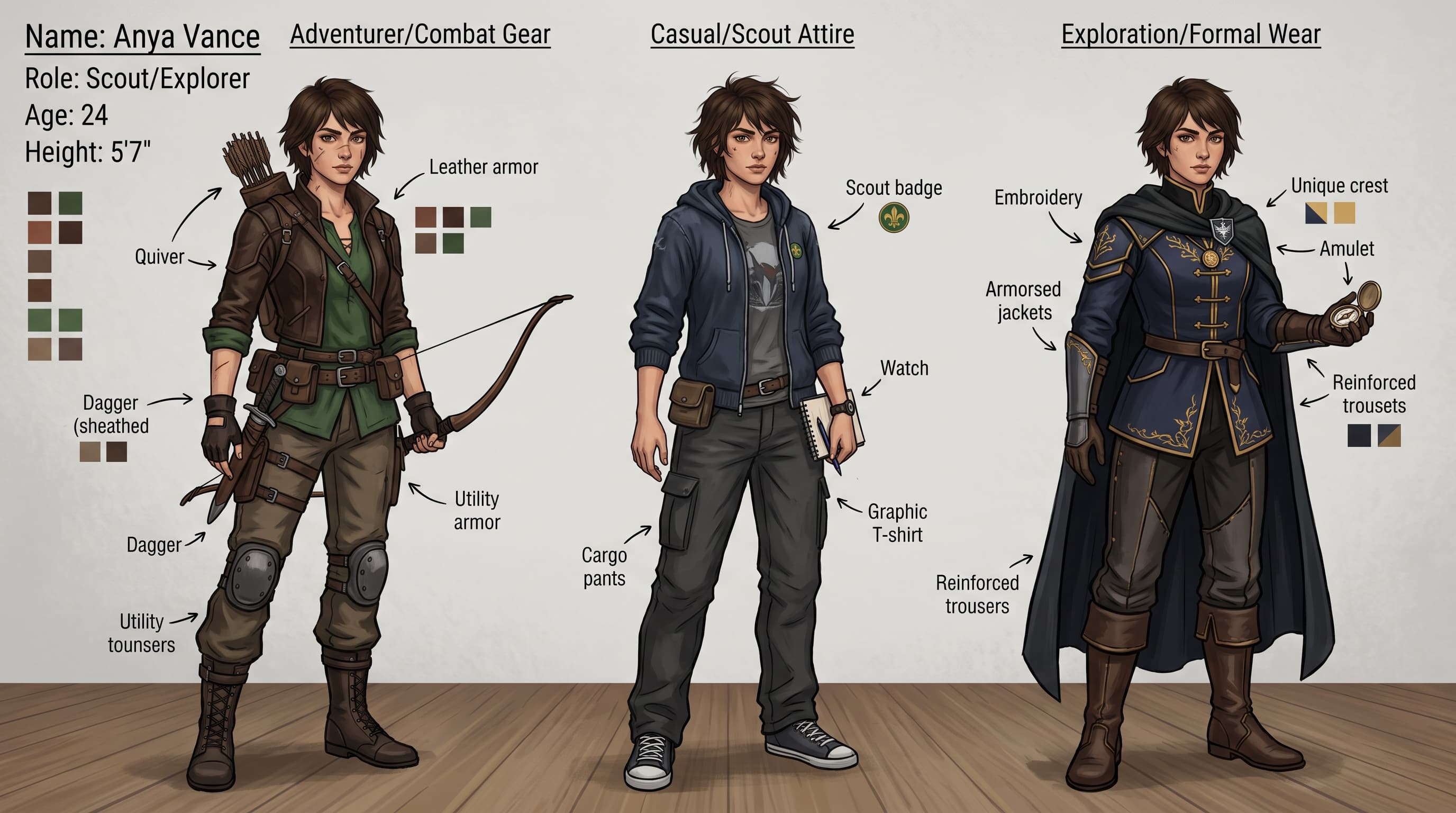 Character reference sheet with three outfit variations