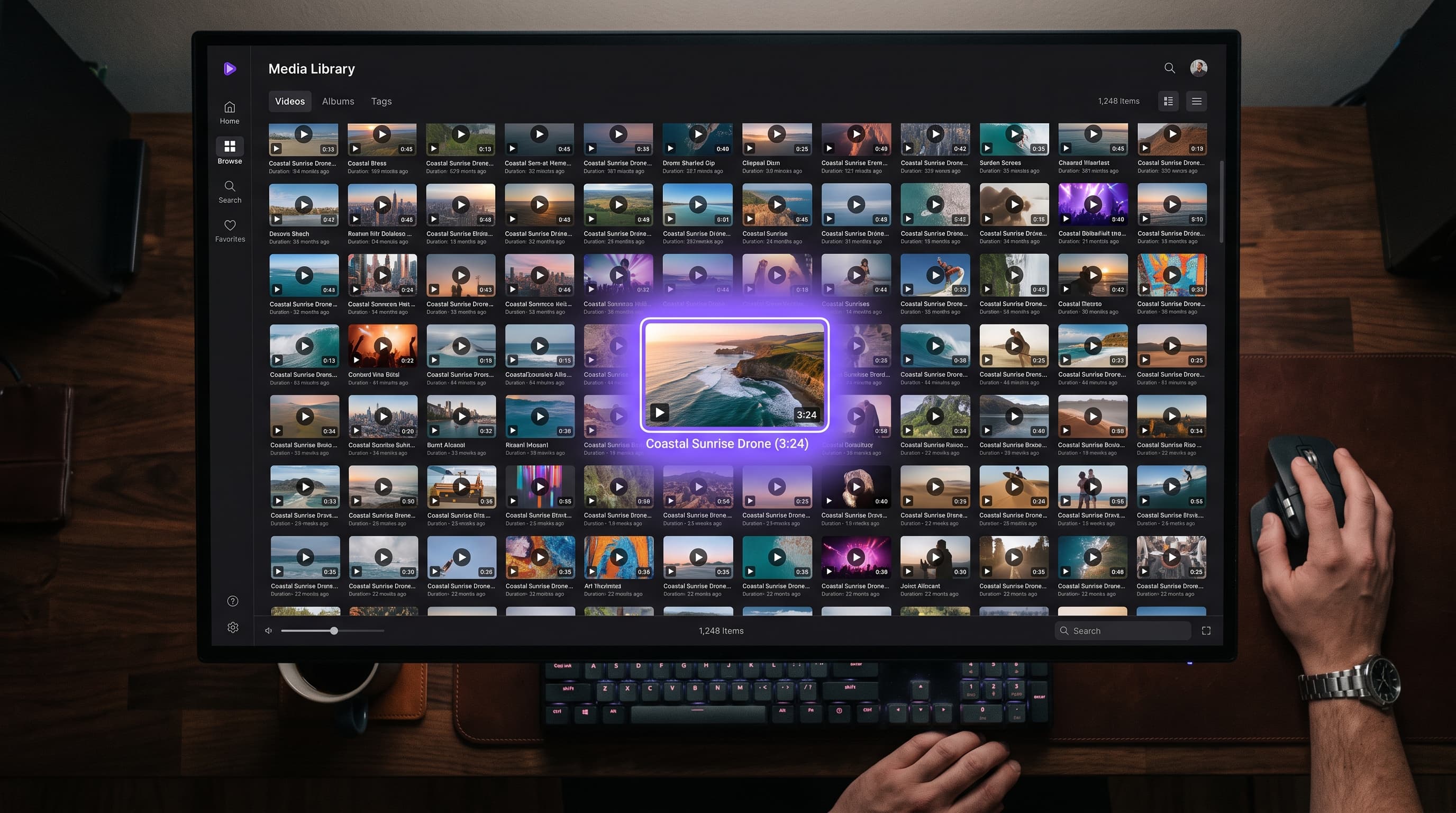 Media library UI with a grid of video thumbnails and one clip selected