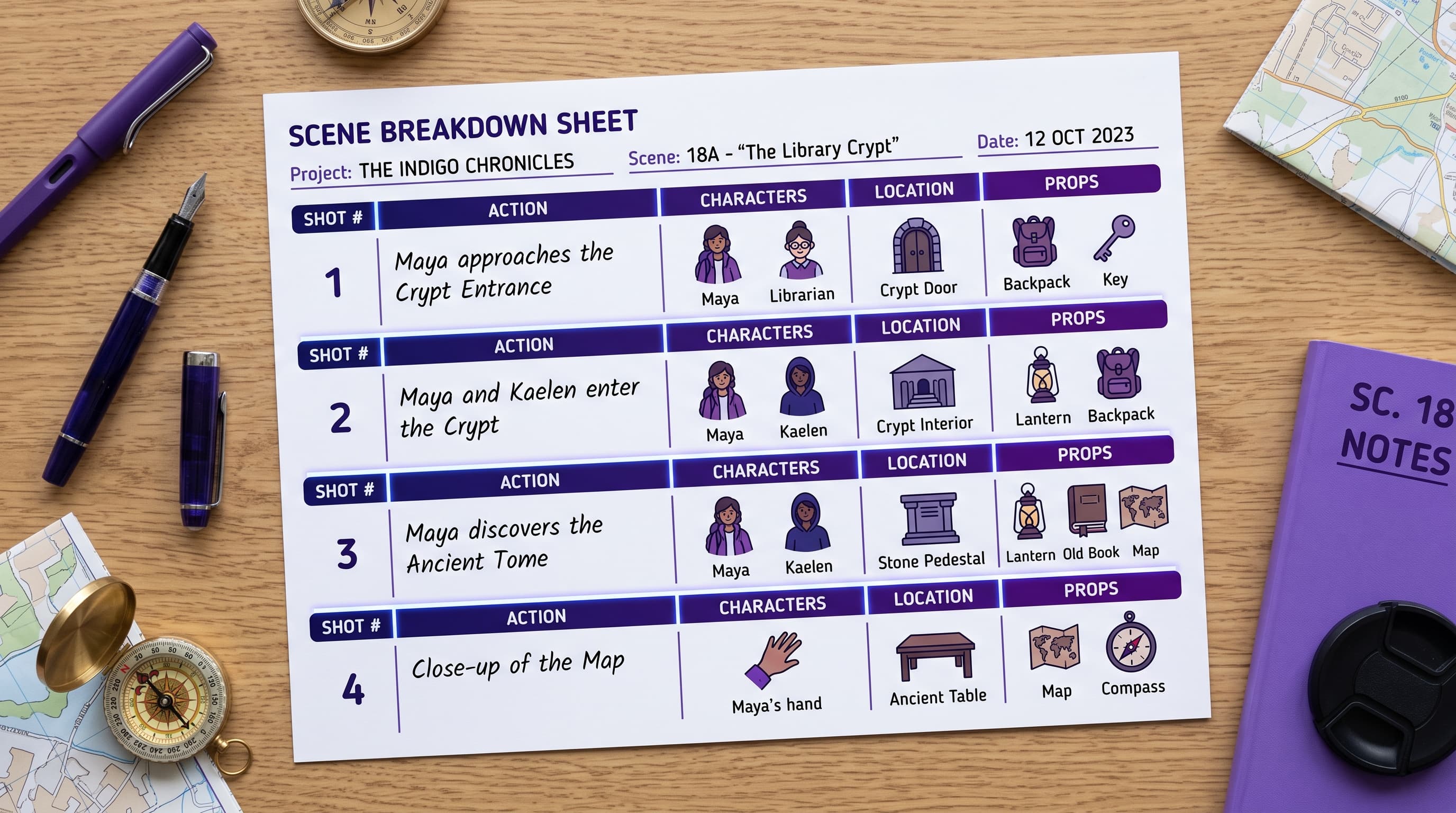 Scene breakdown sheet with character, location, and prop icons