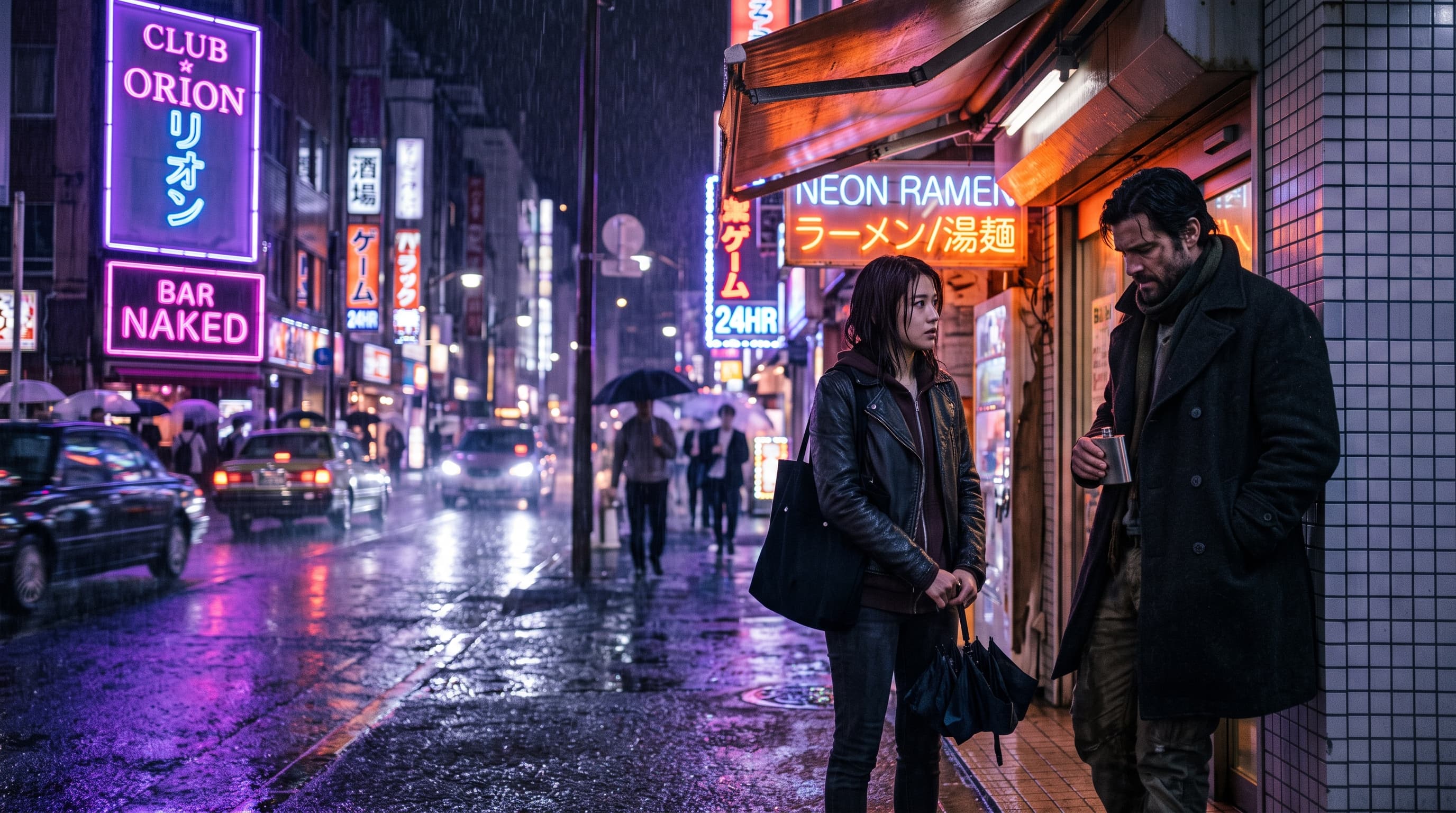 Cinematic scene still of two characters on a rain-soaked street at night
