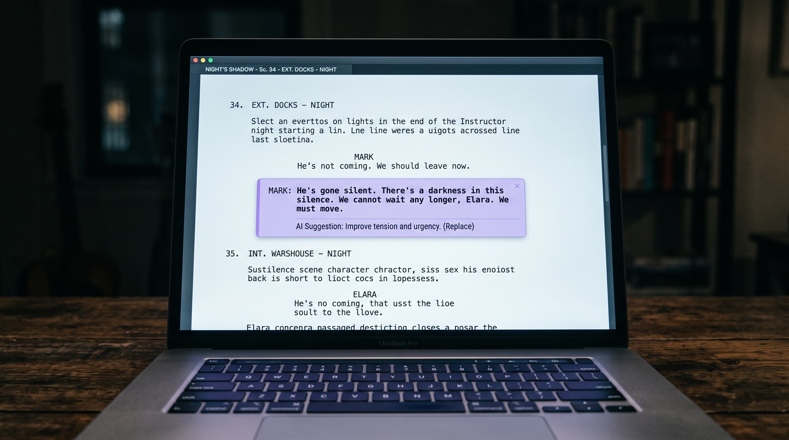 Screenplay page mid-edit with an AI-suggested rewrite